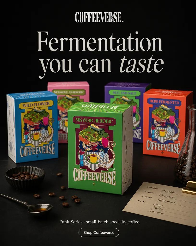 Coffeeverse static ad made with Advibly: three coffee boxes under the headline Fermentation you can taste