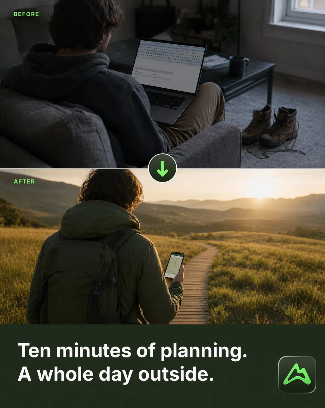 Before / after-Anzeige für AllTrails, erstellt vom Skill Statische Anzeigen