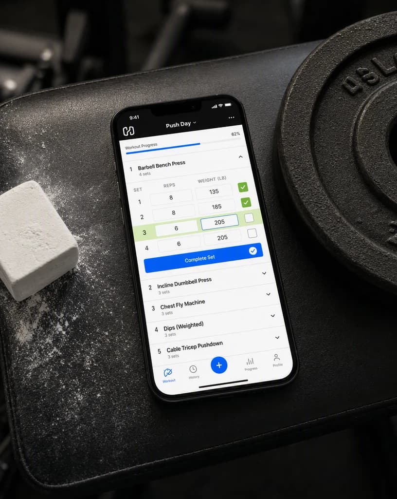 A phone on a chalk dusted gym bench showing a workout logging app screen, beside a weight plate and a chalk block under dim gym lighting.