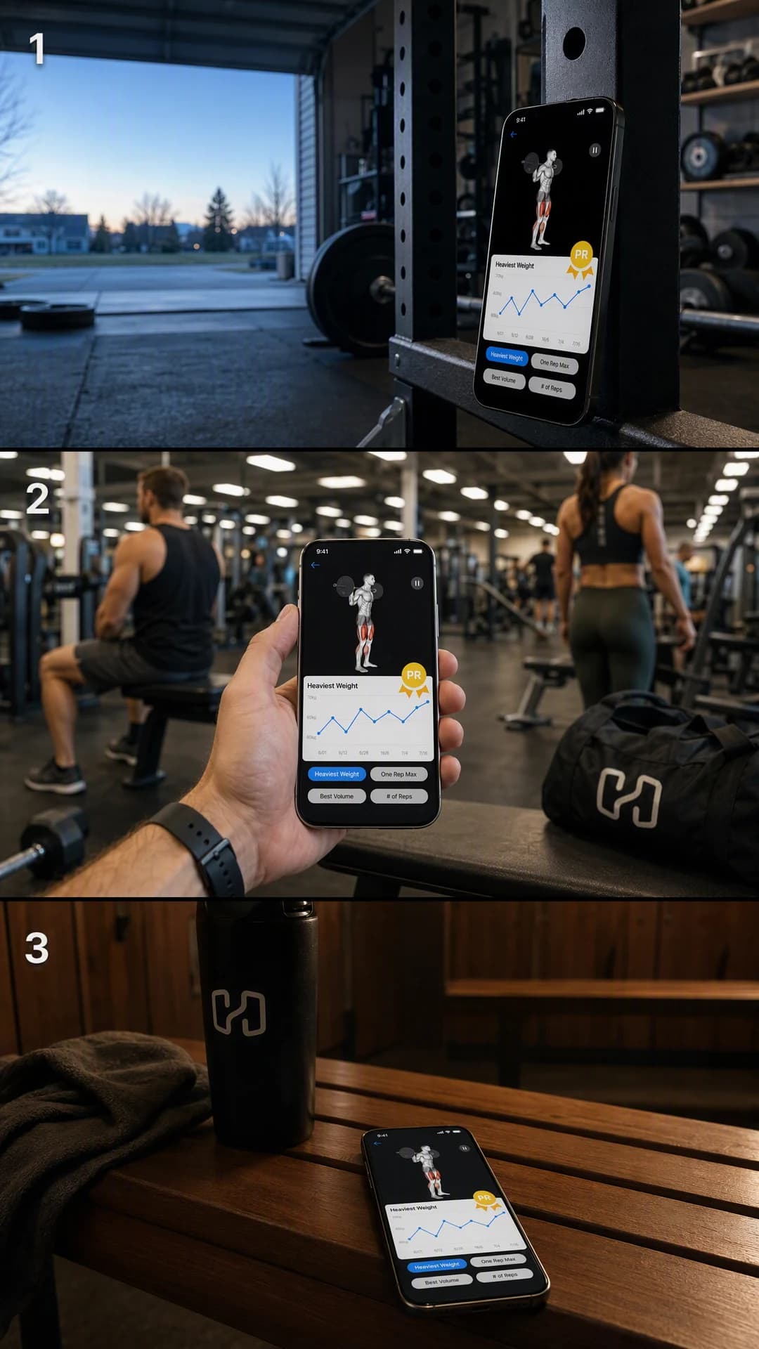 Three stacked vertical frames numbered one, two and three: the app on a phone at a home garage rack at dawn, in a lifter's hand on a busy gym floor at midday, and on a locker room bench in the evening.