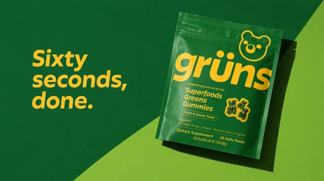 A Grüns pack lying flat and shot tight on a bold green field split diagonally into two tones under hard directional light, with a single short line of copy in the left third.