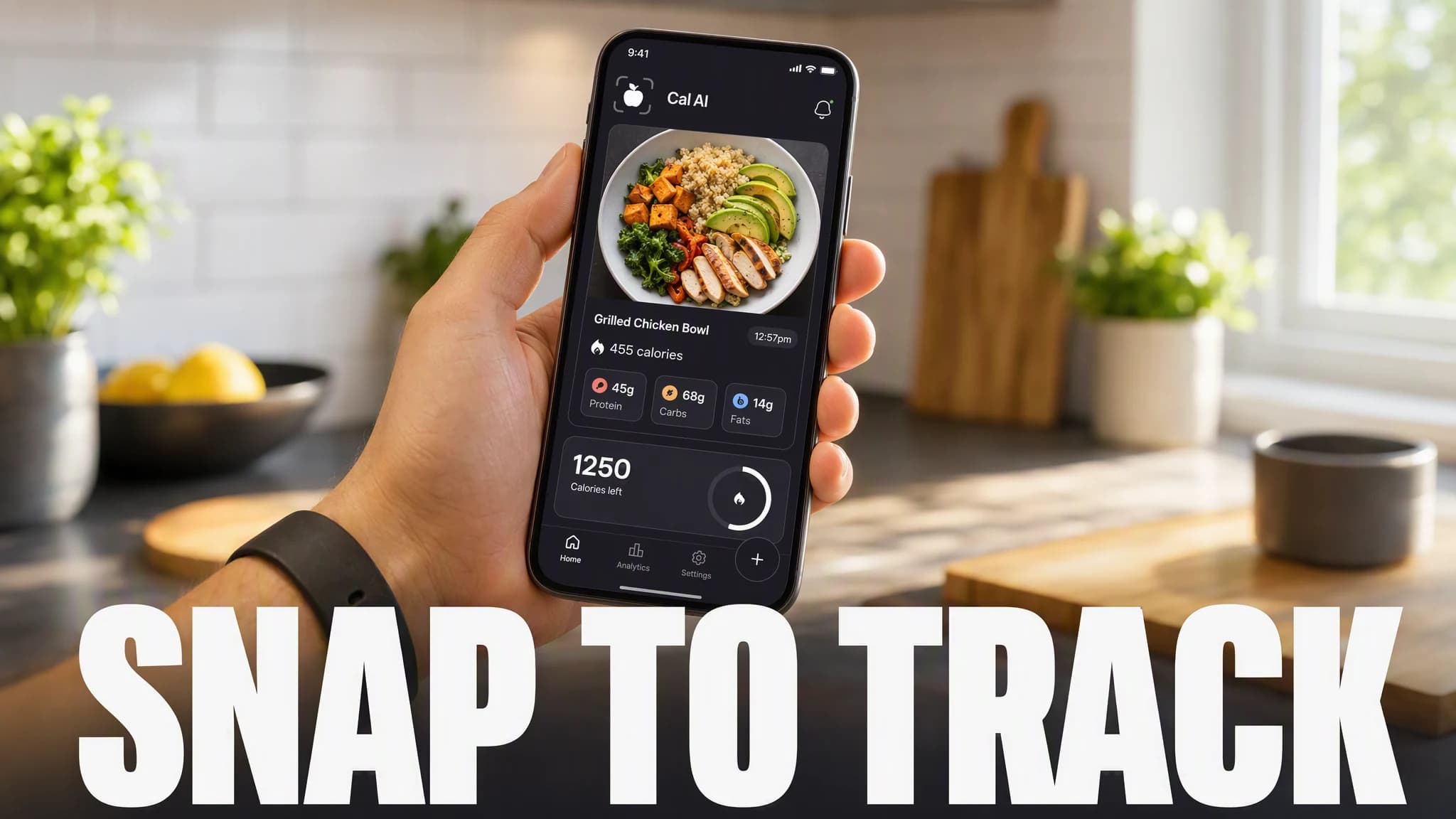 A hand holding a phone showing a dark calorie-tracking app screen in a bright kitchen with bold text reading SNAP TO TRACK.