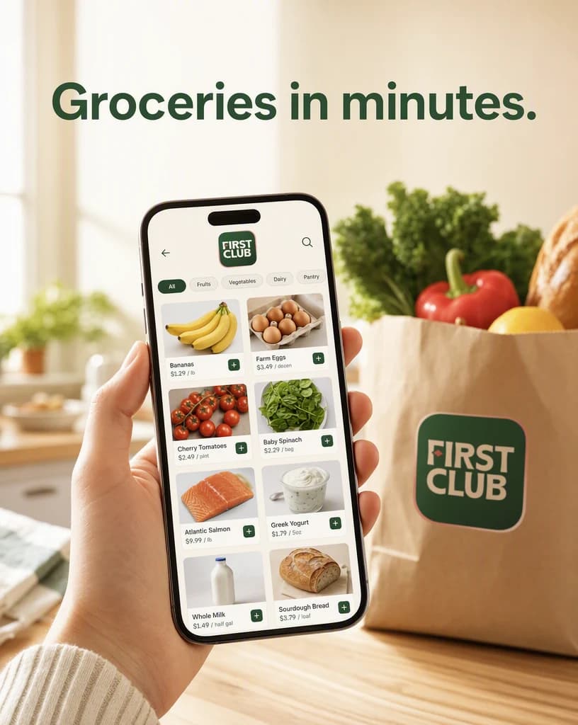 A post frame headlined “Groceries in minutes.”, with a hand holding a phone showing a grocery app's product listings in a sunlit kitchen and a bag of fresh groceries on the counter behind.