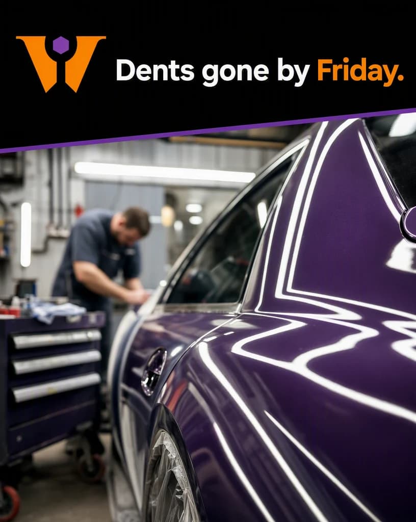 A post frame headlined “Dents gone by Friday.”, showing a freshly repaired car panel gleaming under shop lights with a technician working out of focus behind it.