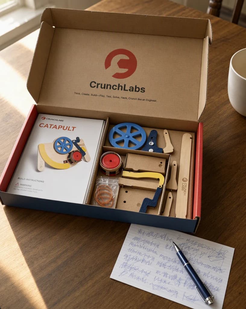 An open build kit on a wooden kitchen table beside a handwritten index card and a pen, in warm daylight from a window.