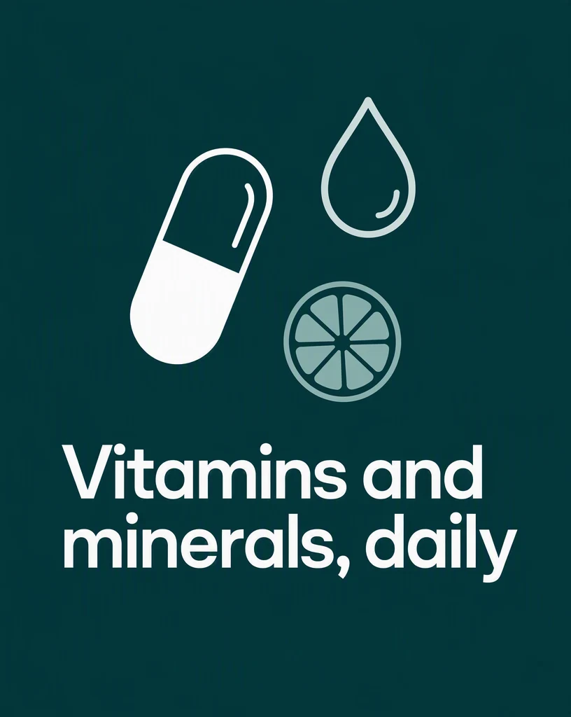 A deep green Instagram carousel slide with flat white capsule, droplet and citrus icons above the headline “Vitamins and minerals, daily”.
