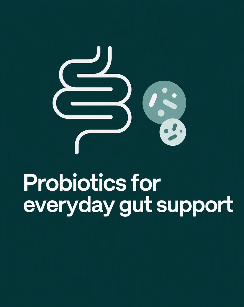 A deep green Instagram carousel slide with a flat white gut-loop icon and two probiotic dots above the headline “Probiotics for everyday gut support”.