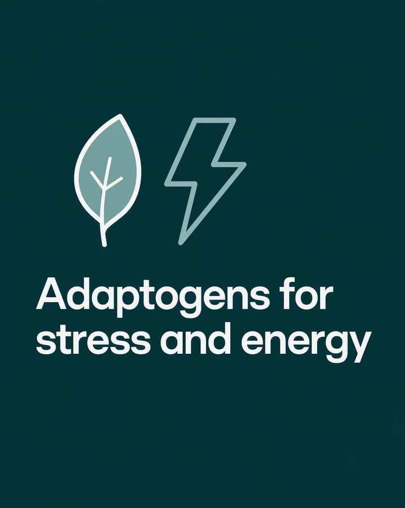 A deep green Instagram carousel slide with a flat leaf icon and a lightning bolt above the headline “Adaptogens for stress and energy”.