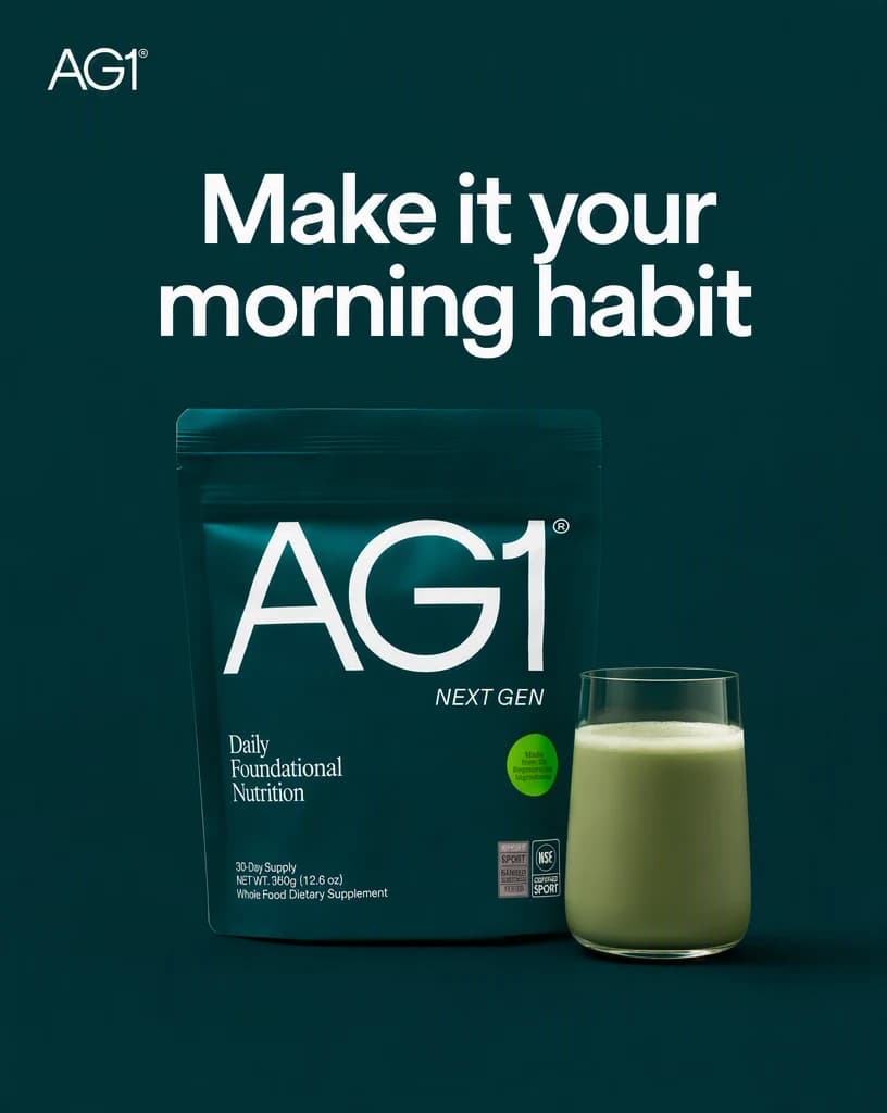 A deep green Instagram carousel closing slide headlined “Make it your morning habit”, with the supplement pouch beside a glass of mixed green drink.