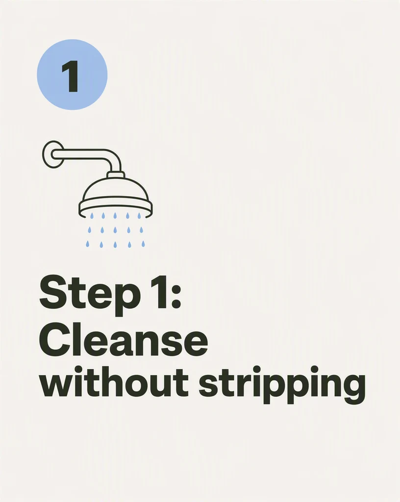 A cream Instagram carousel slide with a numbered 1 badge, a line-drawn showerhead icon and the headline “Step 1: Cleanse without stripping”.