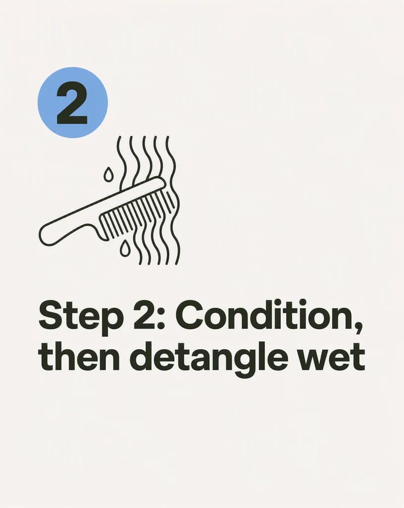 A cream Instagram carousel slide with a numbered 2 badge, a line-drawn wide-tooth comb icon and the headline “Step 2: Condition, then detangle wet”.