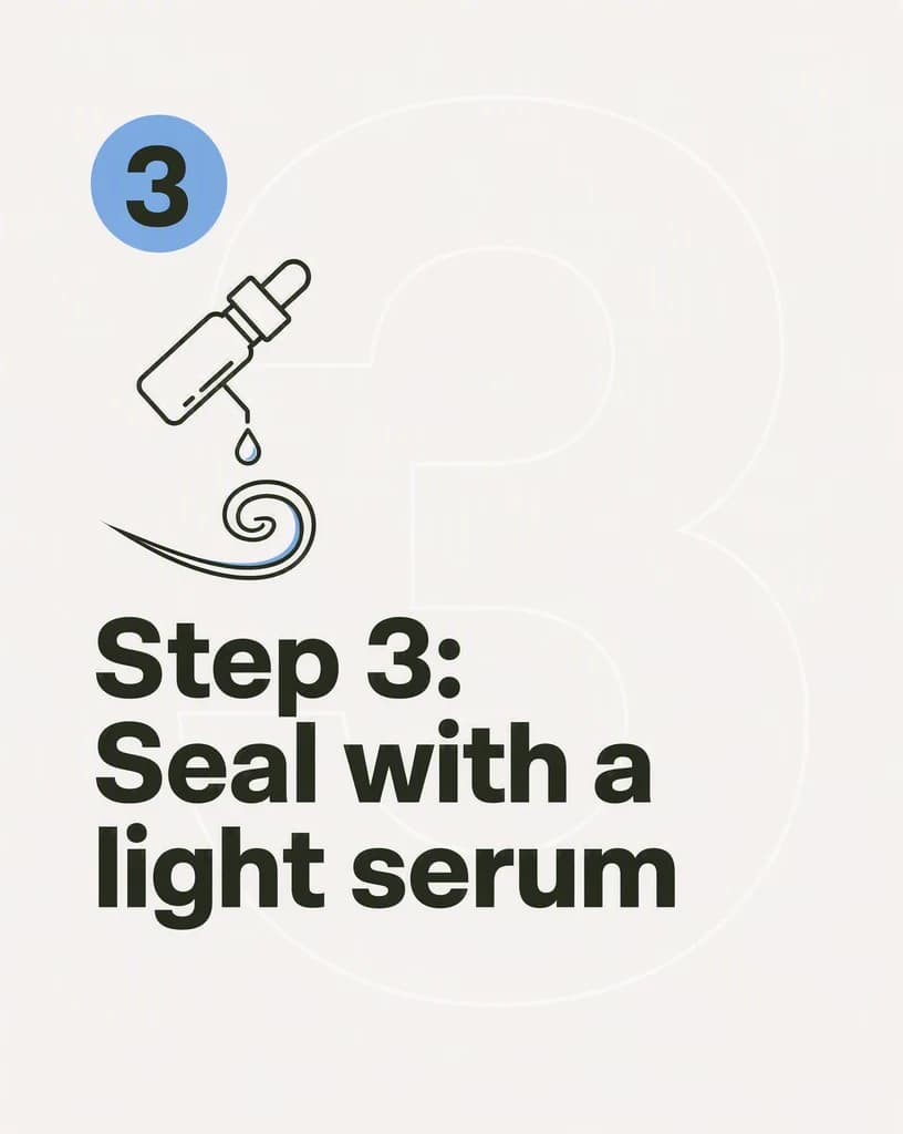 A cream Instagram carousel slide with a numbered 3 badge, a line-drawn dropper bottle icon and the headline “Step 3: Seal with a light serum”.