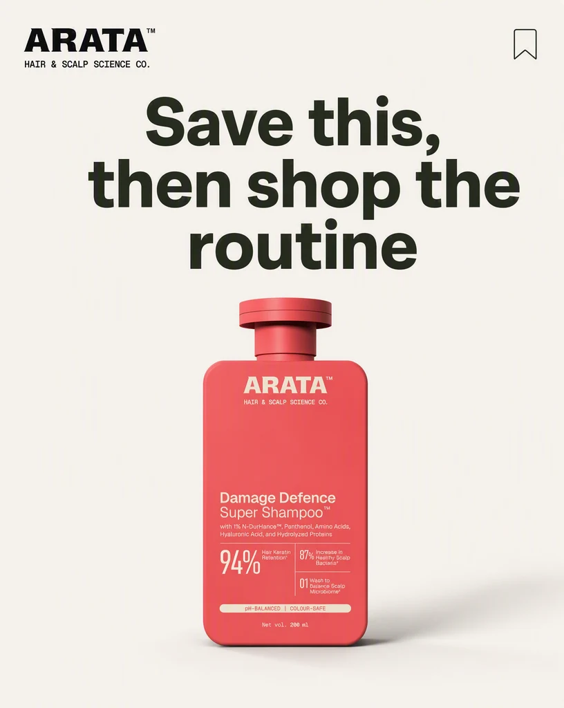 A cream Instagram carousel closing slide headlined “Save this, then shop the routine”, with a red Arata shampoo bottle standing below the type.