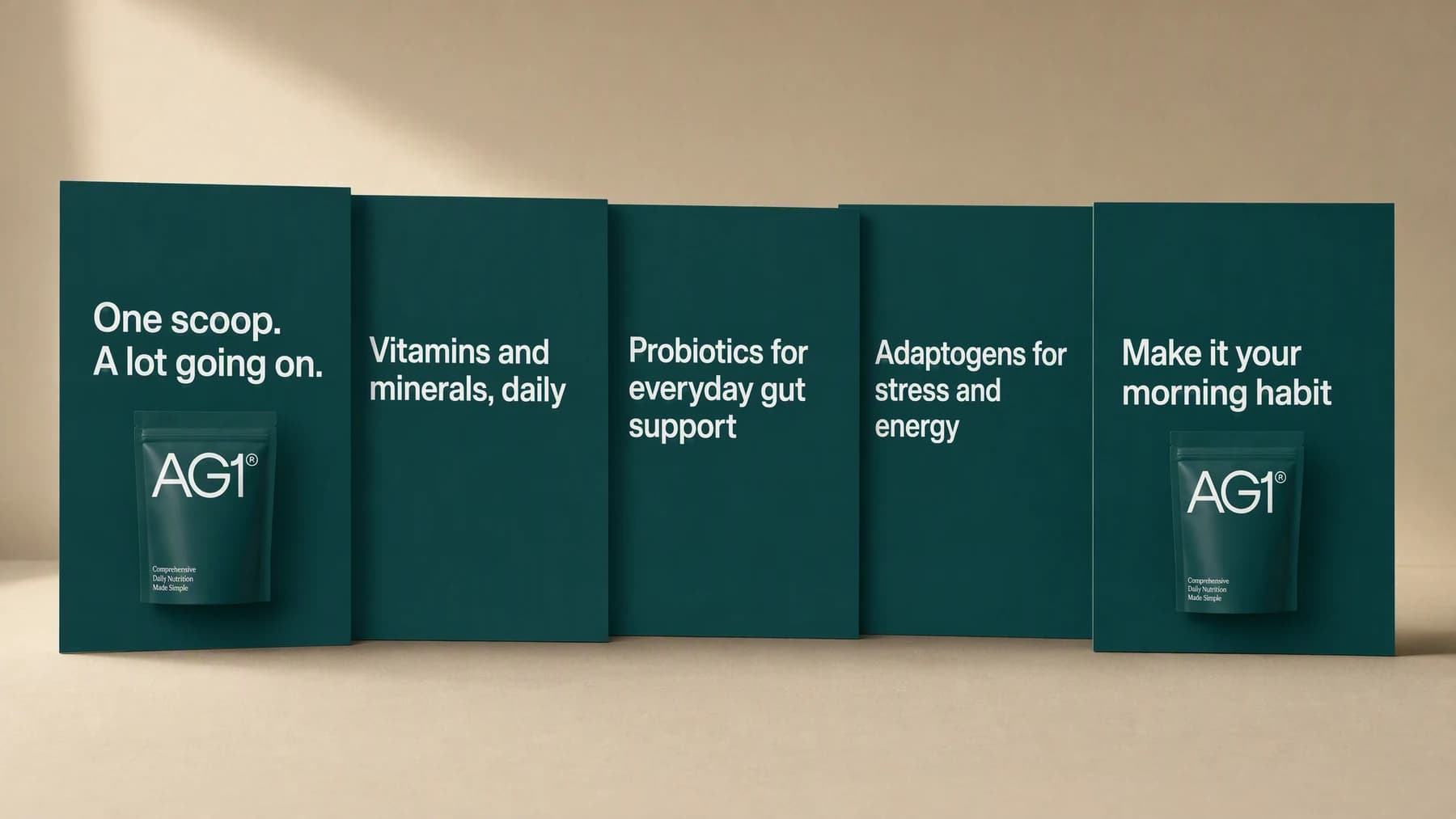 Five deep green Instagram carousel cards fanned in a row on a warm beige studio surface, from the cover carrying the supplement pouch through to the closing slide.