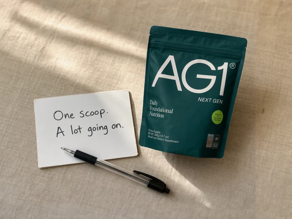 A green supplement pouch lying on warm linen beside a plain index card handwritten with “One scoop. A lot going on.”, with a pen next to it.