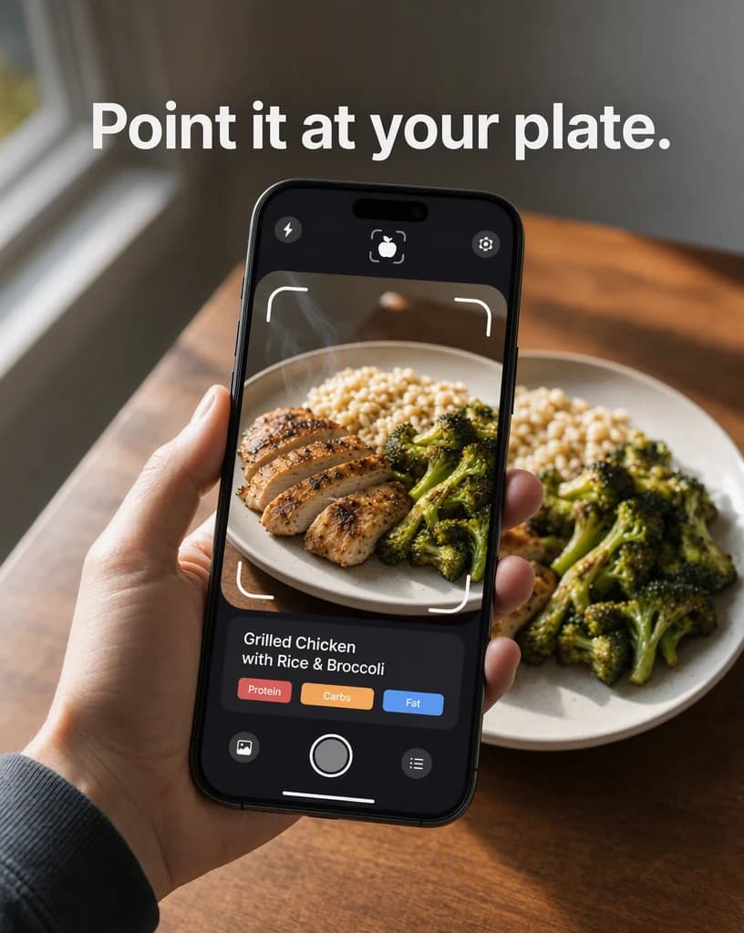 A post frame headlined “Point it at your plate.”, with a hand holding a phone whose scanning screen frames a plate of grilled chicken, rice, and broccoli on a wooden table.