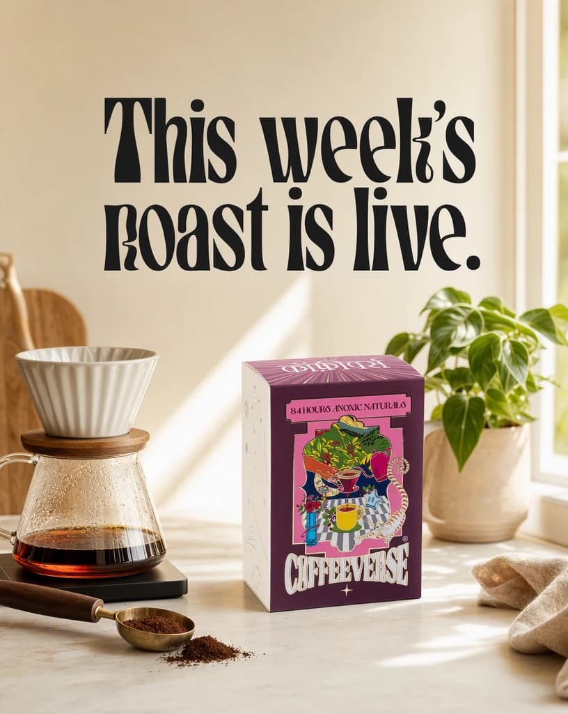 A post frame headlined “This week’s roast is live.”, showing a coffee bag on a kitchen counter beside a pour over dripper and a glass carafe in morning light.