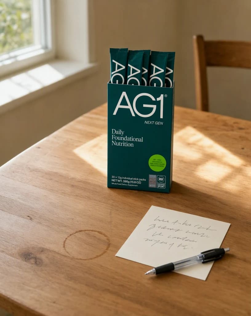 An open green supplement stick pack box on a sunlit wooden kitchen table beside a note card of handwritten scribble and a pen.