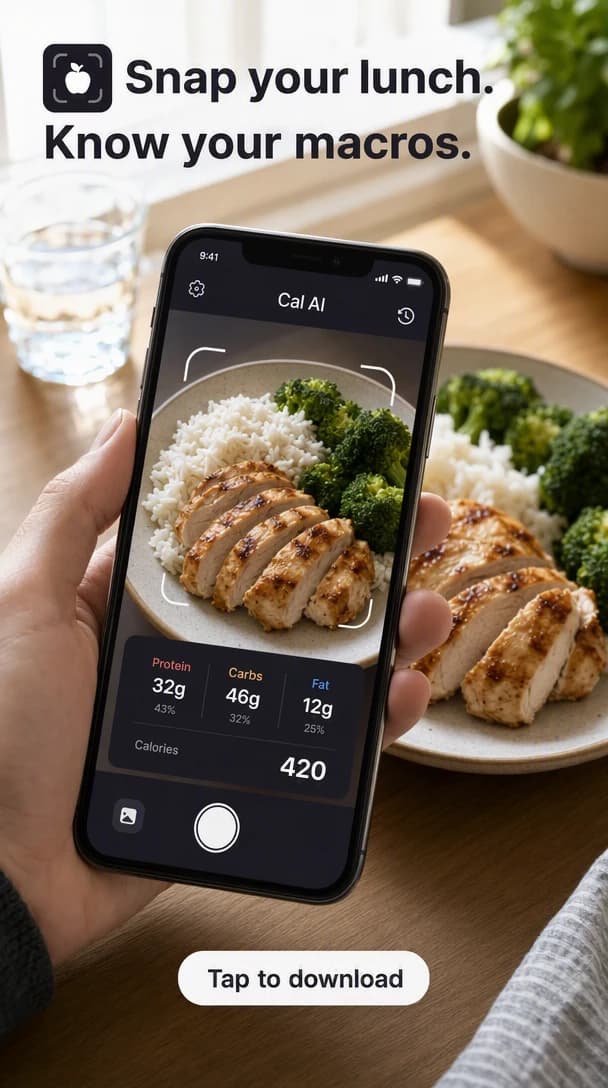 A vertical Story frame headlined “Snap your lunch. Know your macros.”, with a hand holding a phone that scans a plate of chicken, rice and broccoli and shows its macro breakdown, over the same plate on a table.
