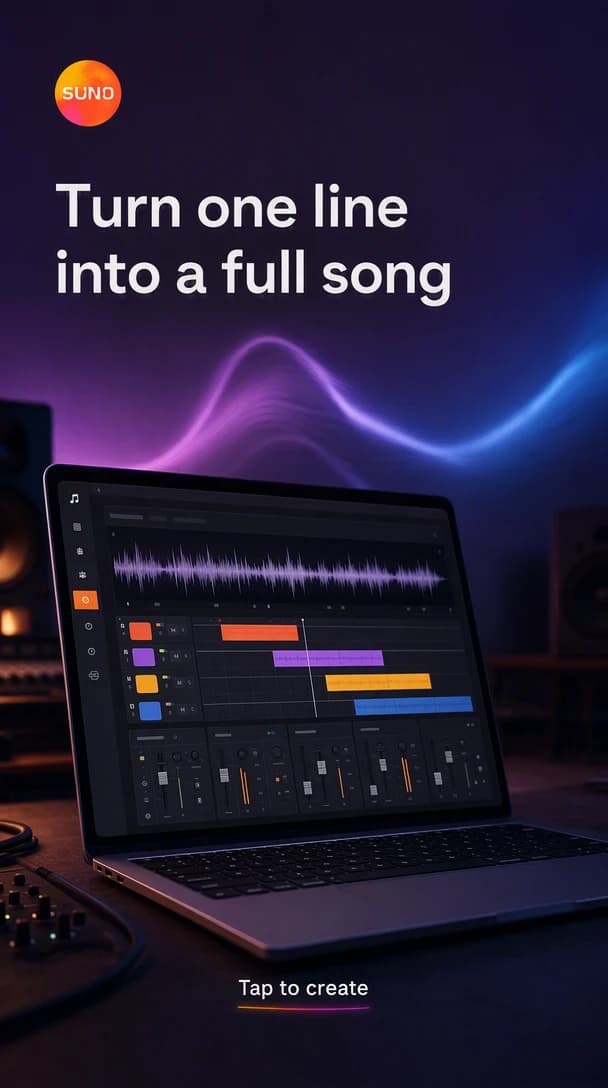 A vertical Story frame headlined “Turn one line into a full song”, with an open laptop showing a music editor of colored waveform tracks against purple and blue studio light.