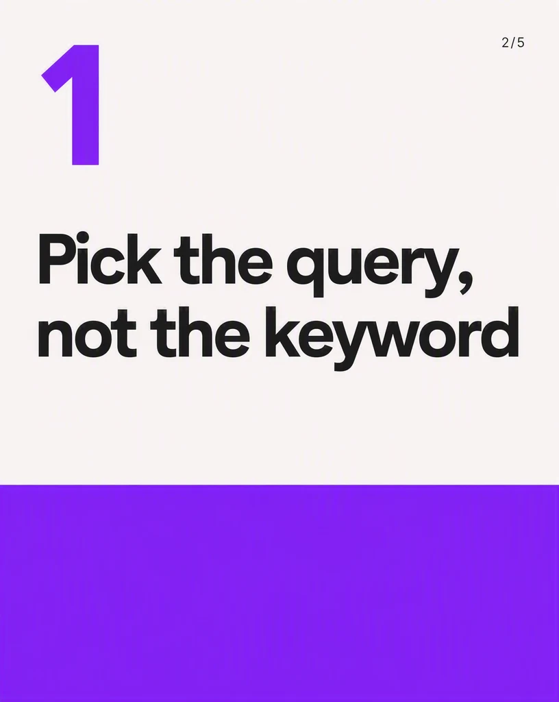 A cream LinkedIn document slide with a large purple numeral 1 above the headline “Pick the query, not the keyword”.