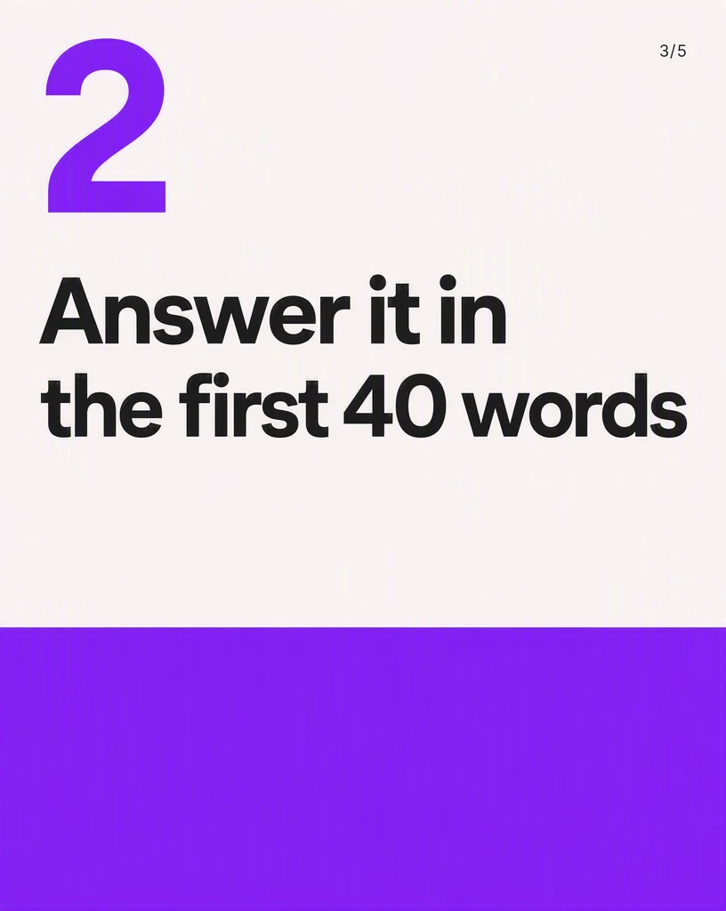 A cream LinkedIn document slide with a large purple numeral 2 above the headline “Answer it in the first 40 words”.