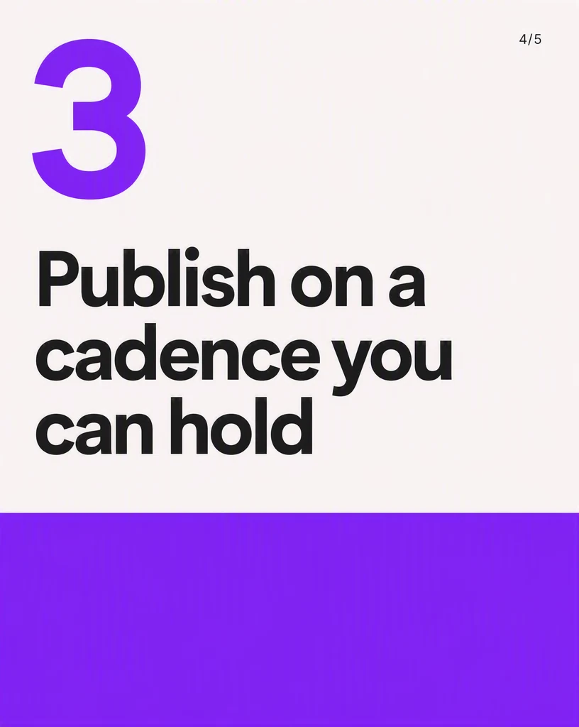 A cream LinkedIn document slide with a large purple numeral 3 above the headline “Publish on a cadence you can hold”.