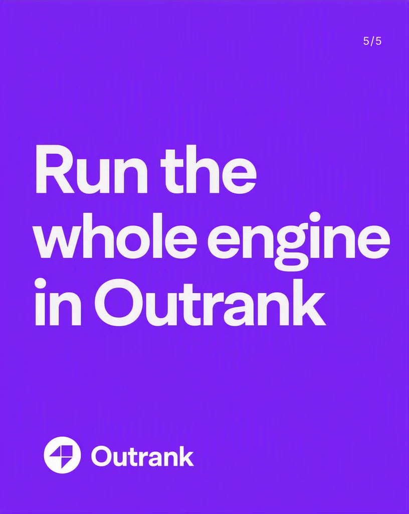 A solid purple LinkedIn document closing slide with the white headline “Run the whole engine in Outrank” and the Outrank wordmark beneath it.