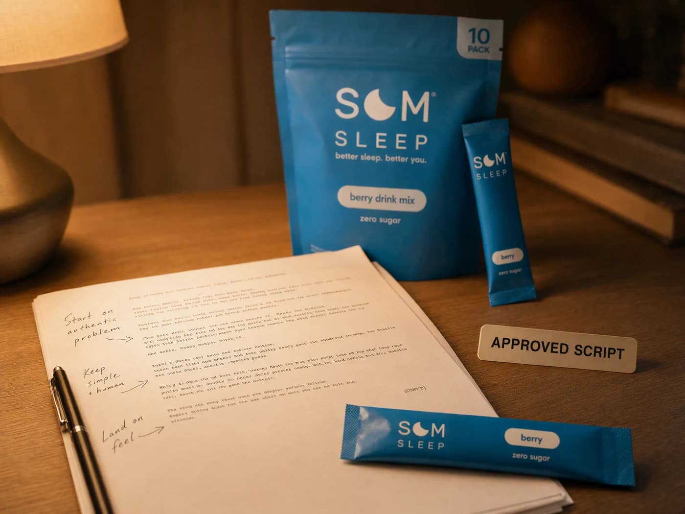 A wooden desk under warm lamp light holding a printed script with handwritten margin notes, a pen, a label reading approved script, one Som Sleep stick pack lying flat, and the blue pouch softly out of focus behind.