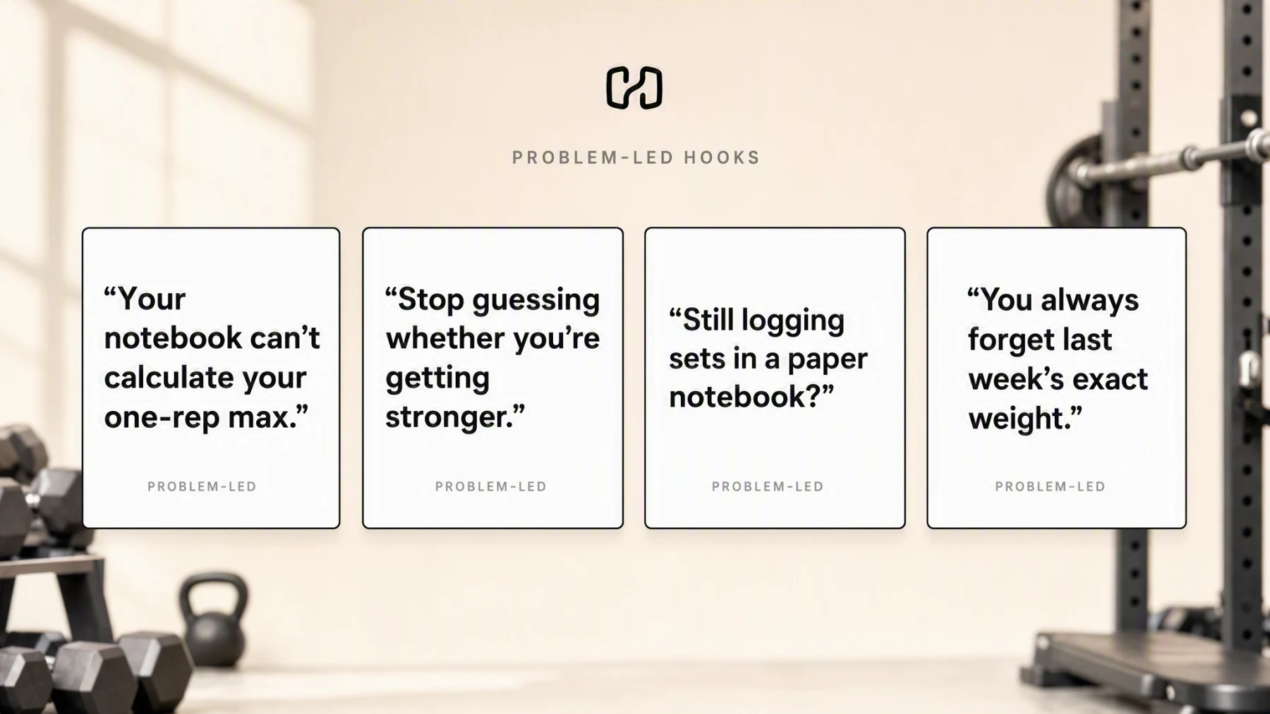 A cream board headlined problem-led hooks, with four white cards reading quotes about a notebook that cannot calculate a one-rep max, guessing whether you are getting stronger, logging sets on paper, and forgetting last week's exact weight.