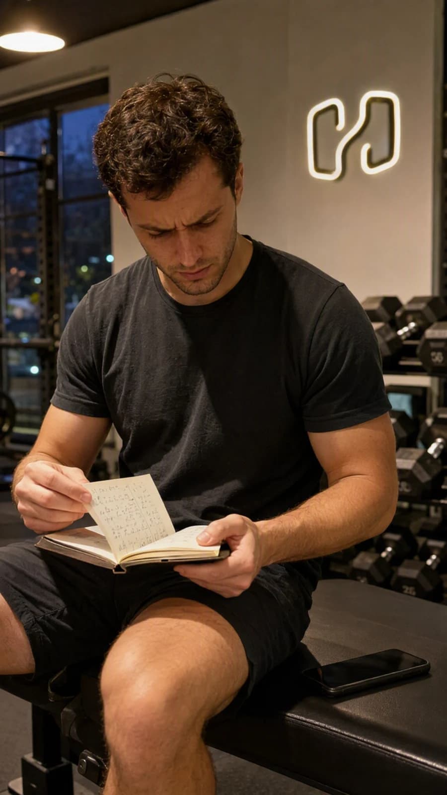 A lifter sitting on a gym bench, flipping through a worn paper notebook with a phone left face-down and unused beside them.