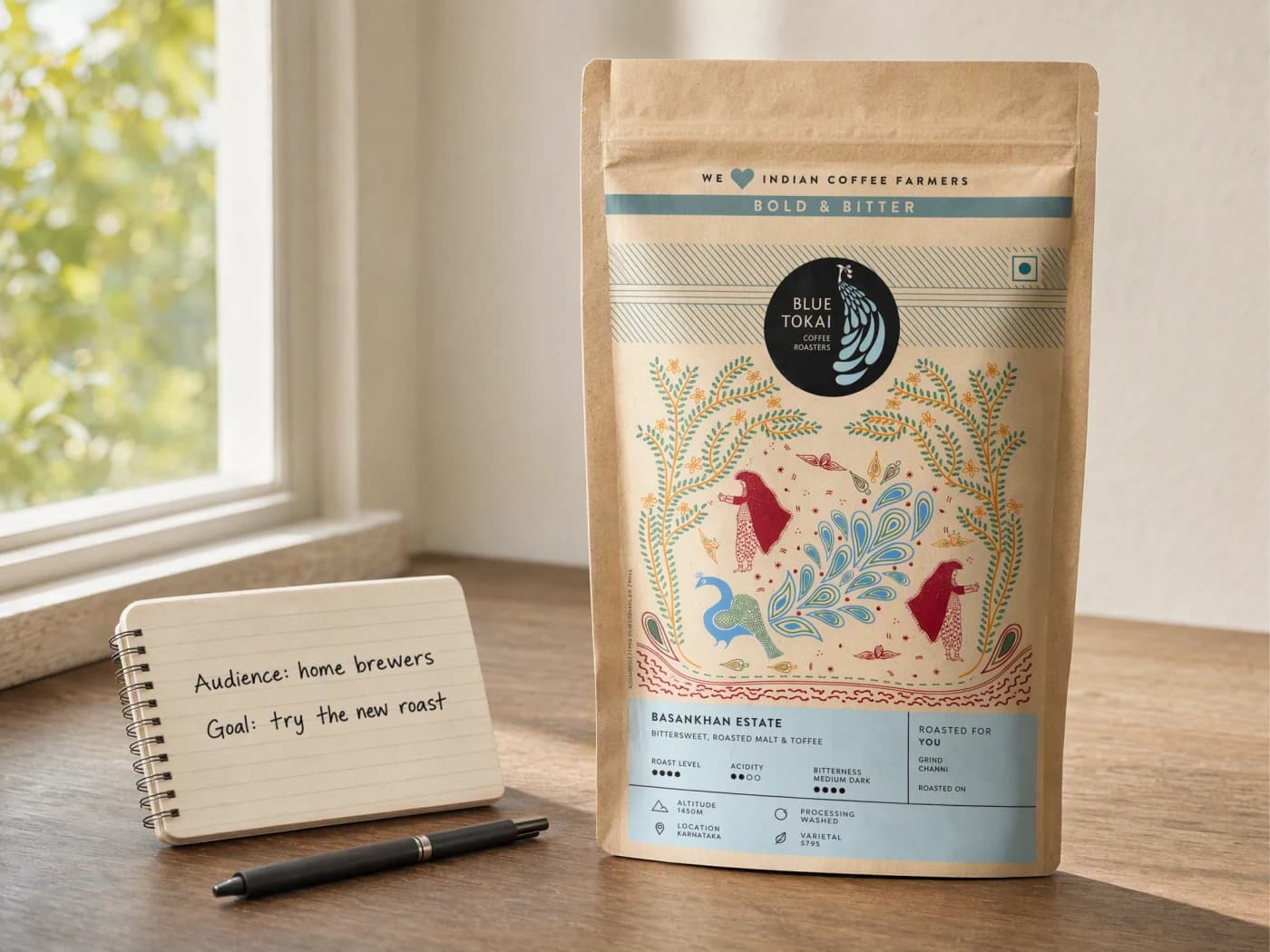 A coffee bag standing on a desk beside a short handwritten brief naming the audience and the video goal.