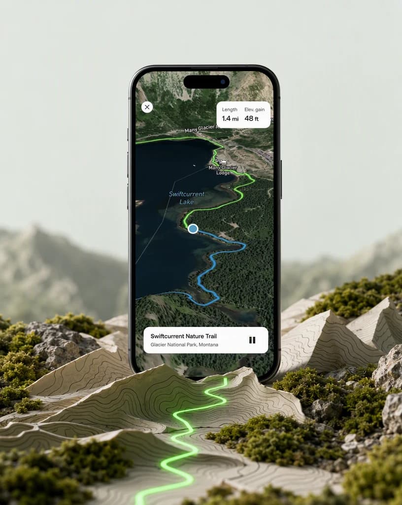 An authentic trail navigation screen presented inside a dimensional topographic app campaign.