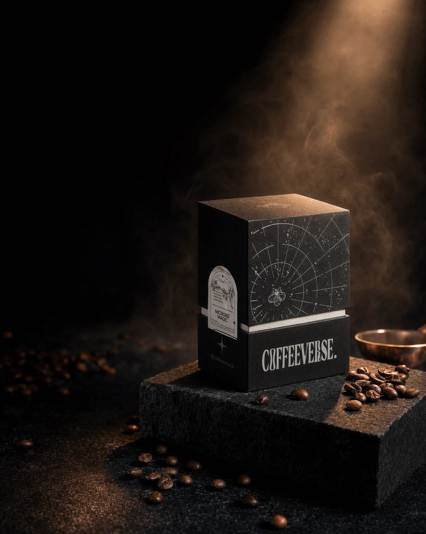 A Coffeeverse coffee box in a low-lit amber product launch scene, with open space beside the pack for the offer.