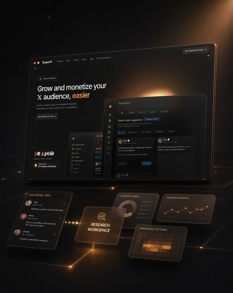 A SuperX creator analytics interface in a dark dimensional data studio.