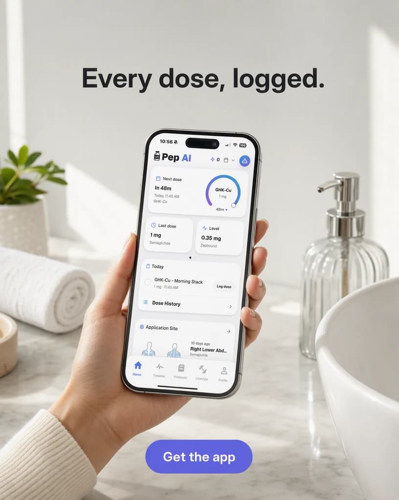 A hand holding a phone showing the Pep AI app screen over a clean bathroom counter in soft morning light, with the upper third of the frame left open for a short line and a button at the base.