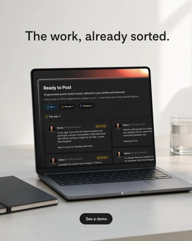 A laptop on a pale desk in cool even daylight showing a SuperX social post dashboard, beside a closed notebook and a glass of water, with the upper third of the frame left bright and open.