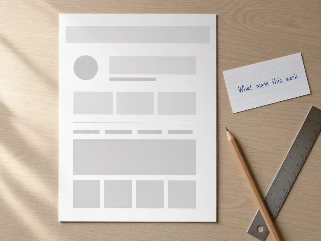 A sheet of white paper on a light wood desk showing an abstract layout study drawn as plain gray rectangles and a circle, beside a handwritten index card reading what made this work, with a pen and a metal ruler nearby.