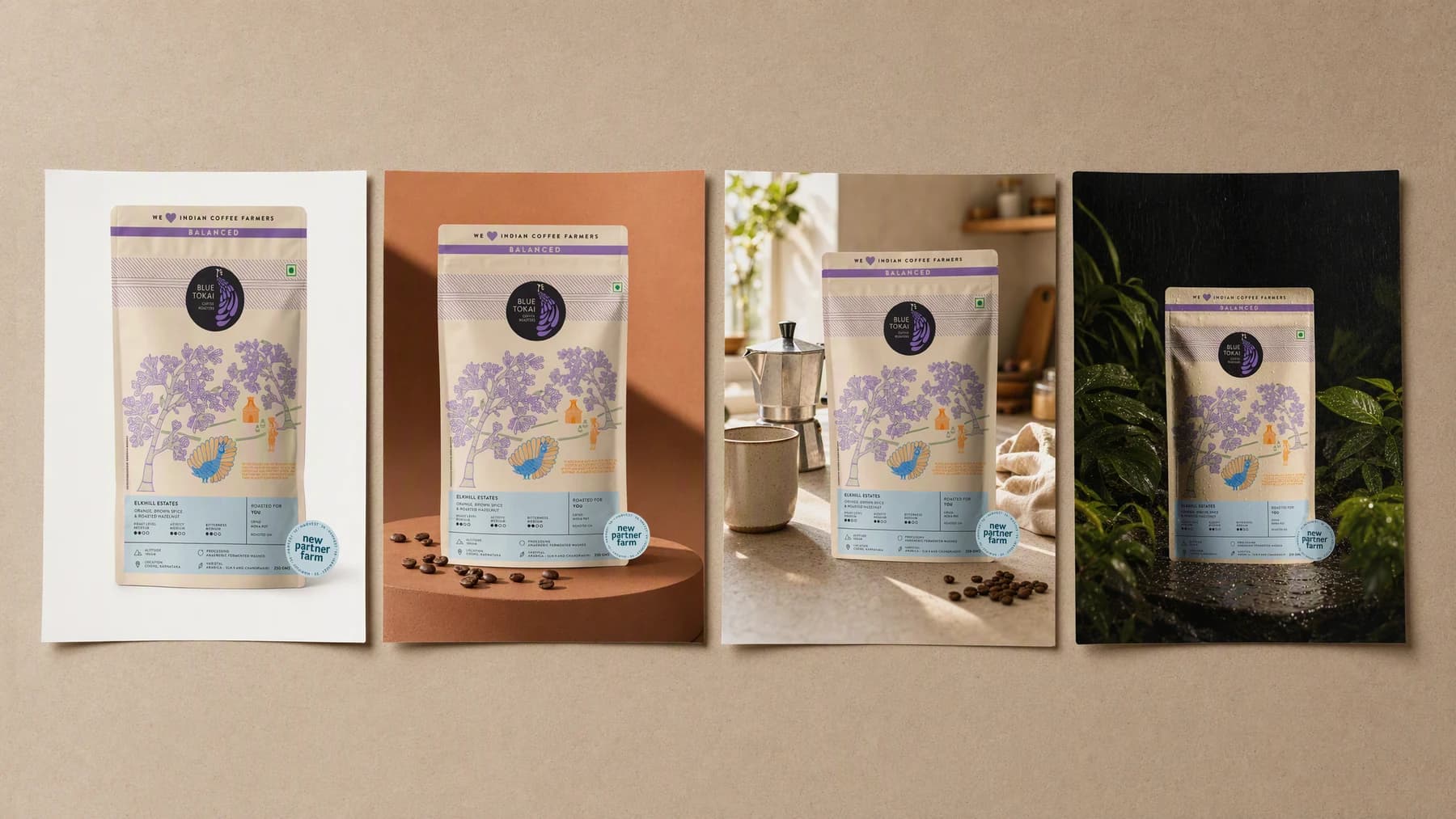 Four side by side photos of the same coffee bag: a plain cutout, a studio still on a terracotta plinth, a sunlit kitchen counter with a mug, and a dark rain soaked scene with green foliage.