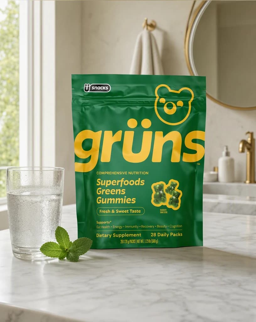 A green supplement pouch standing on a white marble bathroom ledge beside a glass of water and a sprig of mint.