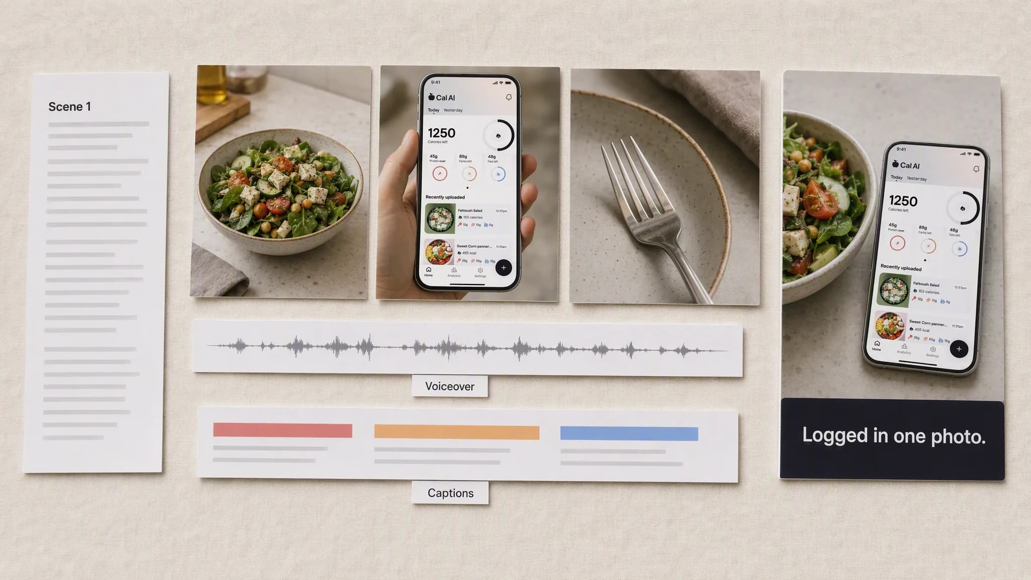 A flat production board on a neutral surface: a script page, three small scene cards showing a bowl of food, a hand holding a phone with a calorie tracking screen, and a fork resting on a plate, then a printed waveform strip labeled voiceover, a strip of caption bars, and one tall finished frame standing proud of the rest with a caption band across it.