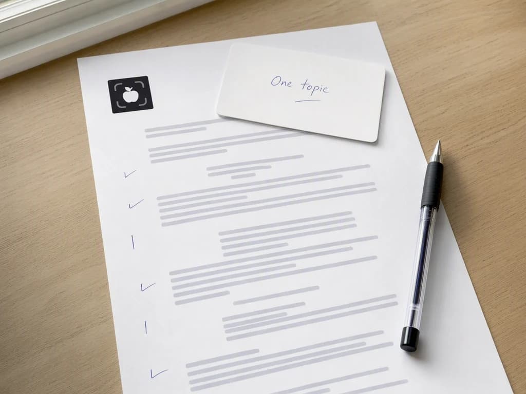 A printed script page on a light wood desk in soft daylight with handwritten margin ticks and a white index card resting on top reading one topic, a pen beside it.