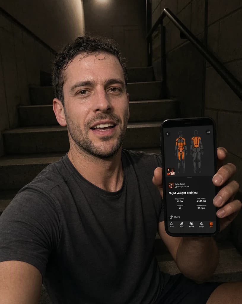 A runner sitting on a concrete step in a dim stairwell, holding a phone showing a dark training summary screen toward the camera.