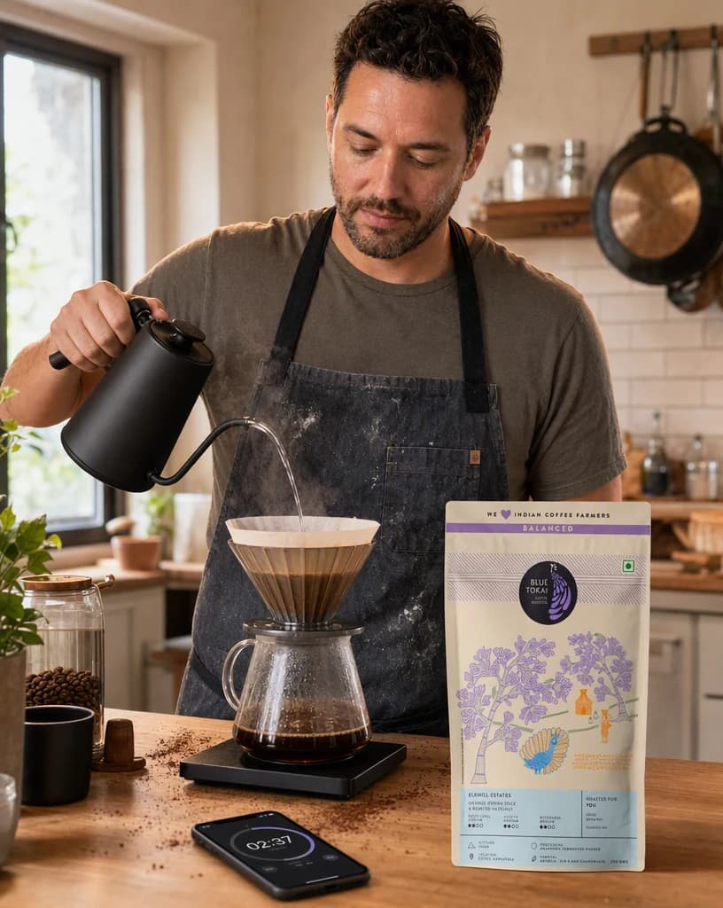 A home cook in an apron pouring water over a pour-over cone with a Blue Tokai coffee pack standing beside the scale.