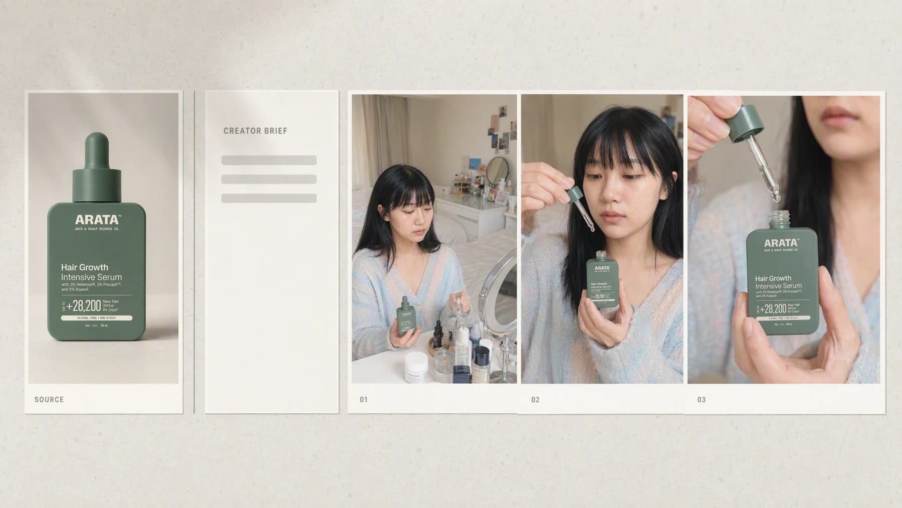 A hair serum bottle beside a creator brief card and three vertical frames of the same creator applying it at a bright vanity.