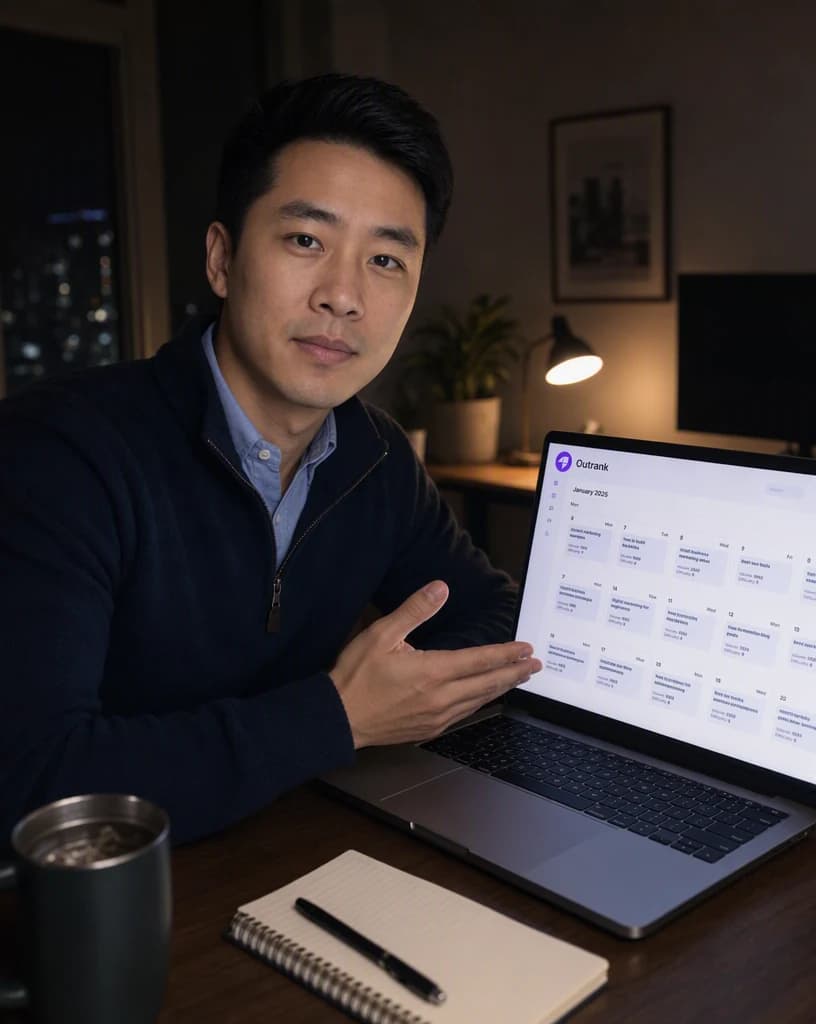 A man at a dark desk at night turning a laptop showing an Outrank content planning calendar toward the camera.