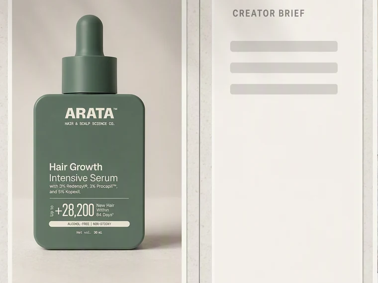 The hair serum product photograph held next to a blank creator brief card.