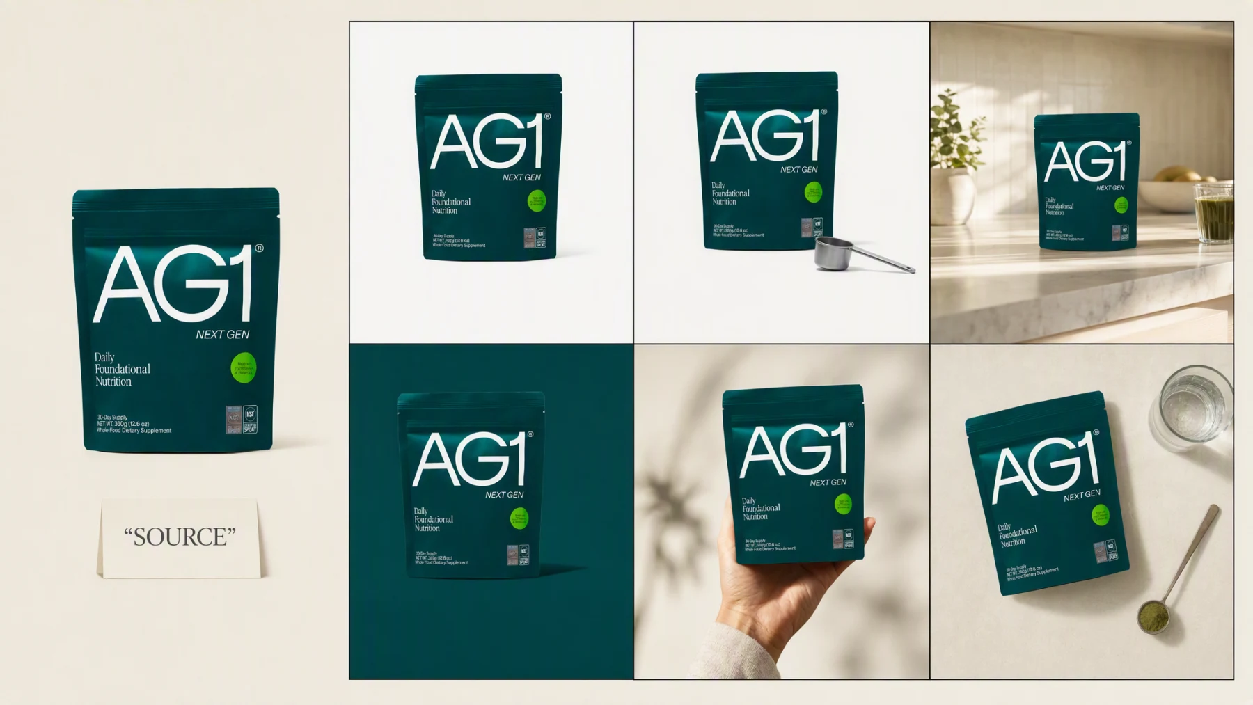 A cream board with a real AG1 Next Gen pouch on the left labeled source, beside six panels of the same pouch restyled into catalog, campaign, and social directions.