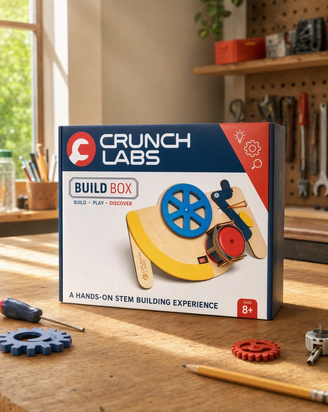 A CrunchLabs Build Box standing upright on a wooden workbench, daylight from a window, loose gears, a screwdriver and a pencil scattered nearby.