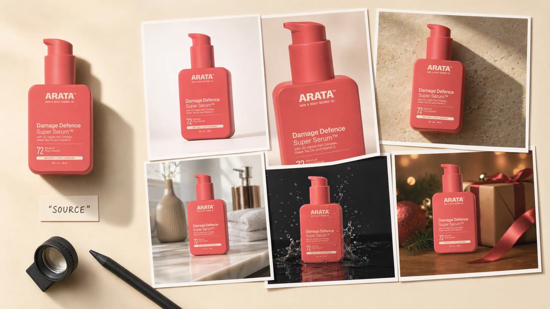 A coral Arata serum bottle labeled as the source photo on the left, beside six finished photographs of that same bottle arranged like a photographer's proof sheet: a white sweep studio shot, a macro cap and label detail, a tonal stone set with a long raking shadow, a morning bathroom counter scene, a dark water-splash campaign shot, and a warm seasonal gift still life.